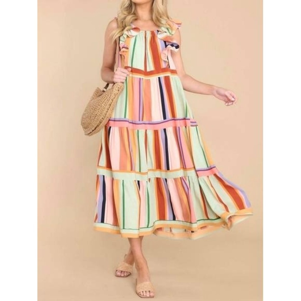 Entro 1X Painted Palette Midi Maxi Dress Multicolor Striped Ruffle Tiered Boho